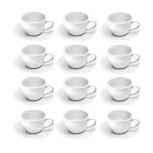 Białe porcelanowe filiżanki ze spodkiem